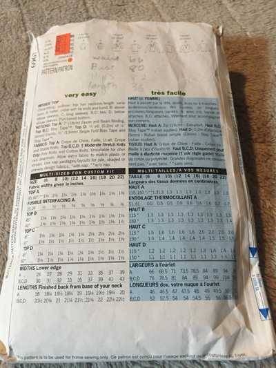 PATTERN BUTTERICK 6967 - TOPS (SIZE 6-8-10)