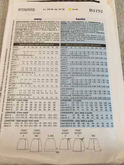 PATTERN BUTTERICK B4192 (UNUSED) - SKIRTS & SKORTS (SIZE 18, 20, 22)