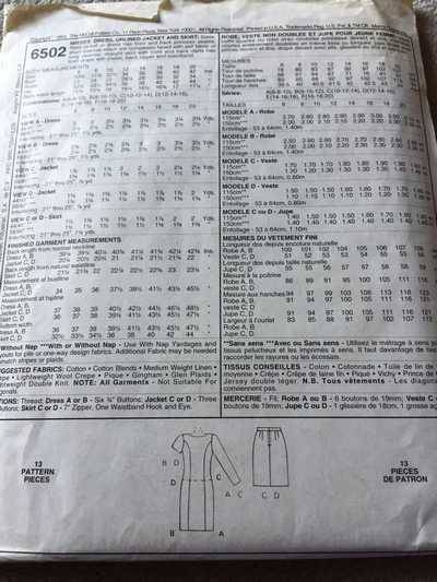 PATTERN MCCALL'S 6502 (UNUSED) - DRESS/JACKET/SKIRT (SIZE 12-14-16)