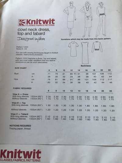 PATTERN KNITWIT 1000 - COWL NECK DRESS (SIZE 6-22)