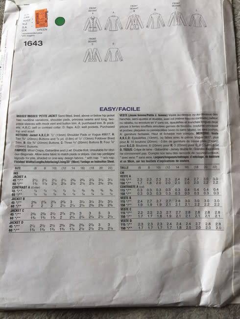 PATTERN VOGUE 1643 - JACKET (SIZE 12-14-16)