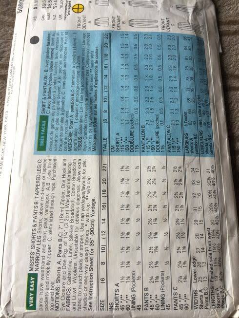 PATTERN BUTTERICK 5090 - SHORTS AND PANTS (TAPERED OR NARROW LEG) (SIZE 12-14-16)