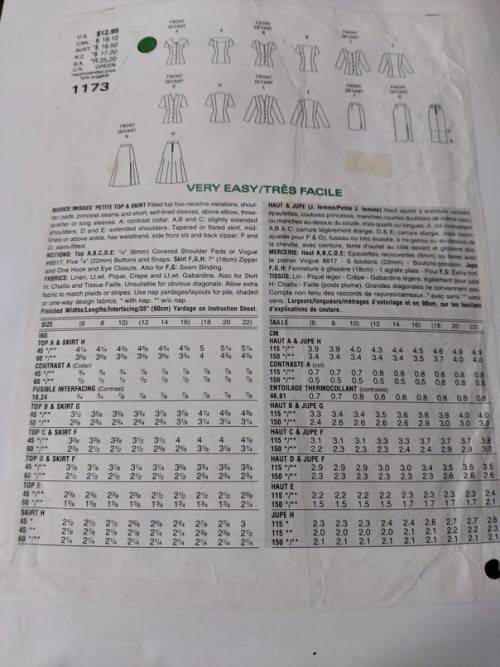PATTERN VOGUE 1173 - TOP & SKIRT (SIZE 12-14-16)