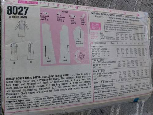 PATTERN SIMPLICITY 8027 (VINTAGE)(COMPLETE) - DRESS (SIZE 6-18)