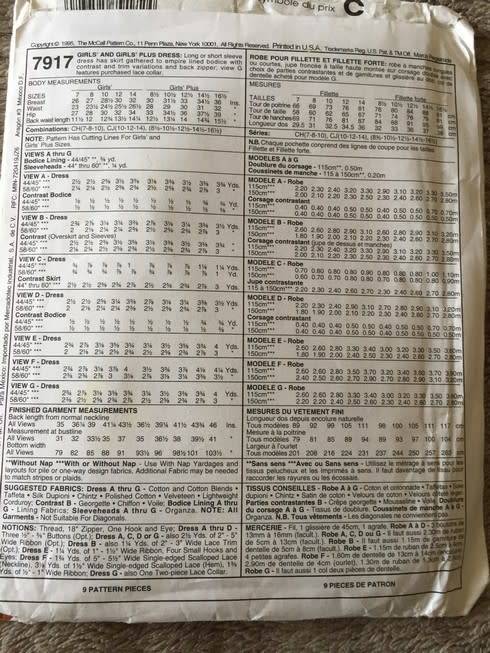 PATTERN MCCALL'S 7917 (UNUSED) - GIRLS' AND GIRLS' PLUS DRESSES (SIZE 10-12-14)