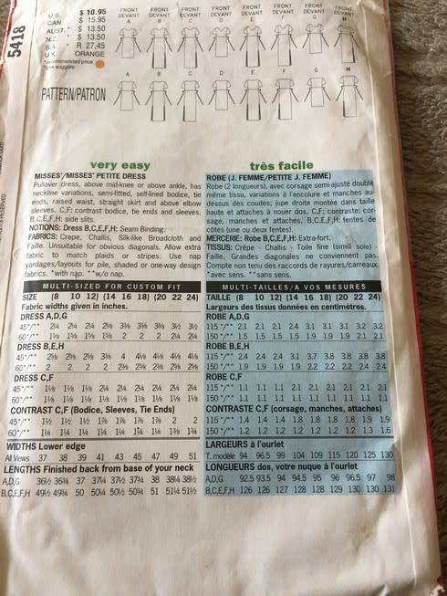 PATTERN BUTTERICK 5418 (UNUSED) - DRESSES (SIZE 8-10-12)