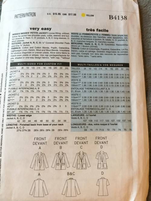 PATTERN BUTTERICK 4138 (UNUSED) - JACKET (SIZE 8-10-12)