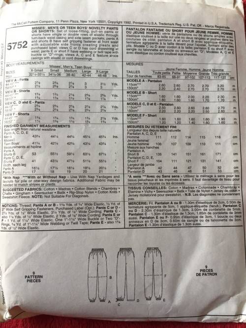 PATTERN MCCALL'S 5752 - MISSES' MEN'S OR TEENBOYS NOVELTY PANTS (SIZE L 42,44) BIG SIZE