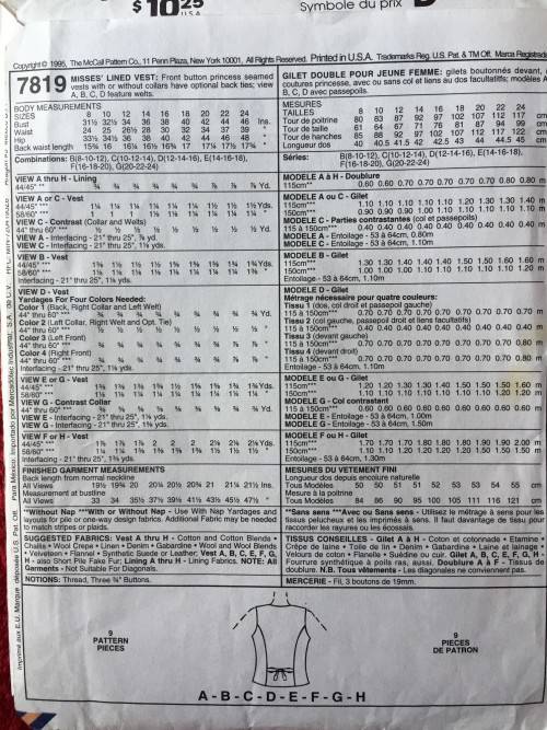 PATTERN MCCALL'S 7819 (UNUSED) - VESTS VARIATIONS (SIZE 14-16-18)