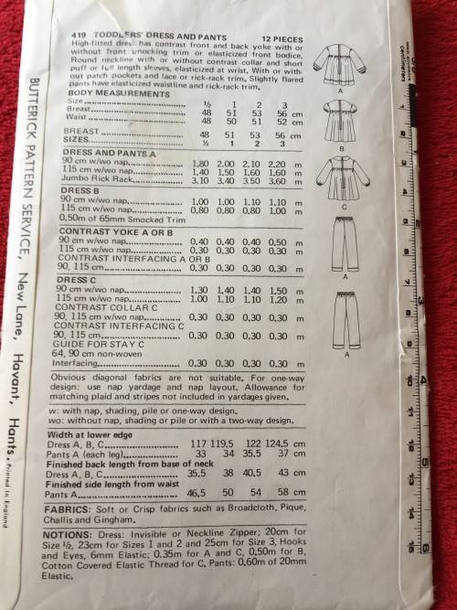 PATTERN BUTTERICK 419 - TODDLERS' DRESS AND PANTS (SIZE 1/2)