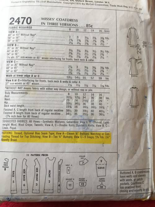 PATTERN MCCALL'S 2470 (VERY VINTAGE) - COATDRESS (SIZE 16)