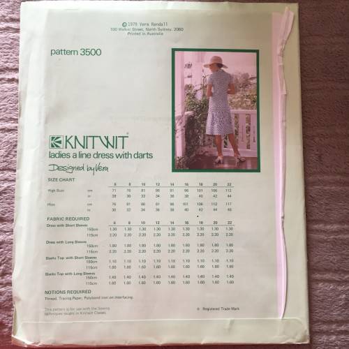 PATTERN KNITWIT 3500 (UNUSED)  - LADIES A LINE DRESS WITH DARTS (SIZE 6-22)