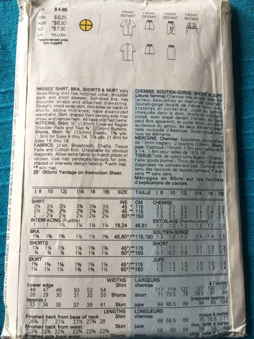 PATTERN BUTTERICK 6457 - BRA, SHIRTS, SHORTS & SKIRT (SIZE 8-10-12)