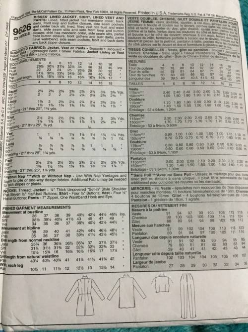 PATTERN MCCALL`S 9626 (UNUSED) - JACKET, SHIRT, VEST and PANTS (SIZE 18)