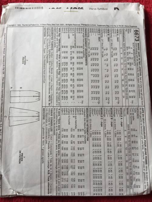 PATTERN MCCALL`S 6673 - BEAUTIFUL SKIRT VARIATIONS (SIZE 10-12-14)