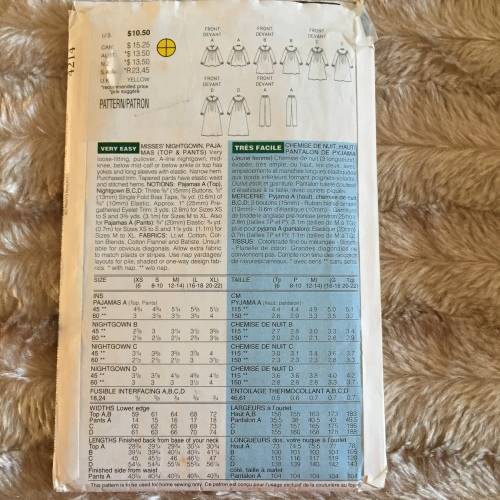 PATTERN BUTTERICK 4214 - NIGHTGOWN, PAJAMAS (TOP and PANTS) (SIZE XS-S-M)