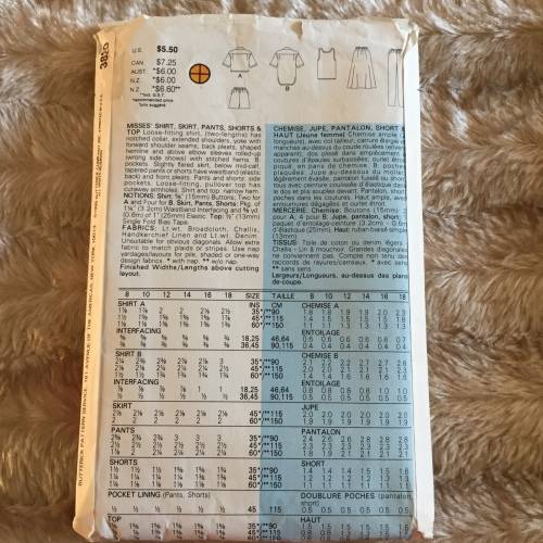 PATTERN BUTTERICK 3820 - SHIRT, SKIRT, PANTS, SHORTS and TOP (SIZE 10)