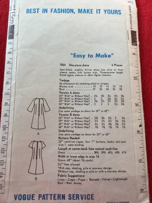 PATTERN VOGUE 7064 (VERY VINTAGE)(COMPLETE) - ONE-PIECE DRESS (SIZE 16)