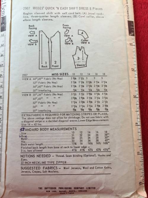 PATTERN BUTTERICK 2907 (VERY VINTAGE)(COMPLETE) - QUICK `N EASY SHIFT DRESS (SIZE 18)