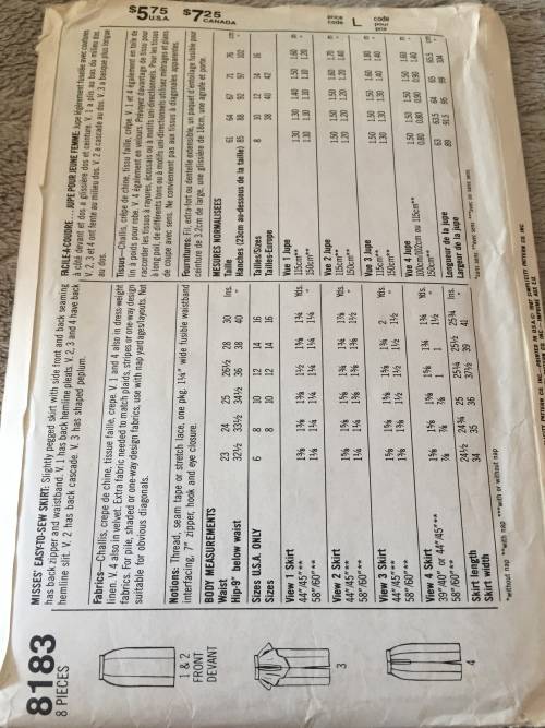 PATTERN SIMPLICITY 8183 (UNUSED) - BEAUTIFUL SKIRT VARIATIONS (SIZE 10-12-14)