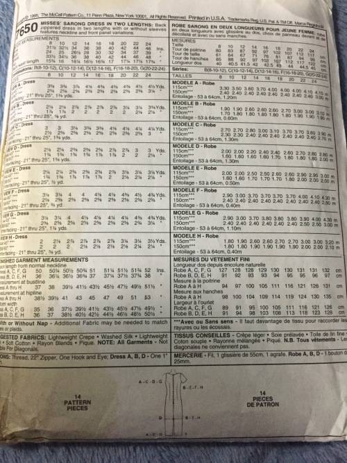 PATTERN MCCALL`S 7650 (UNUSED, MARKS ON COVER) - 8 BEAUTIFUL DRESS VARIATIONS (SIZE 16-18-20)