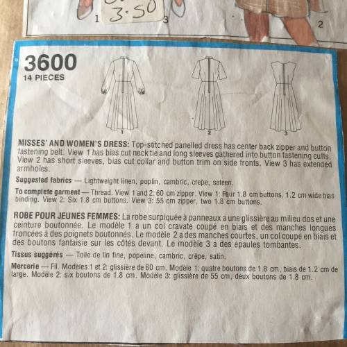 PATTERN STYLE 3600 (VINTAGE)(COMPLETE, CUT ON 20) - DRESSES (SIZE 20)