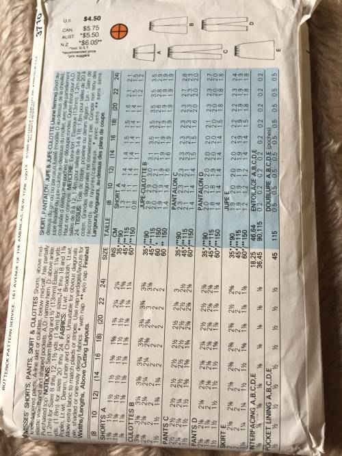 PATTERN BUTTERICK 3710 (CUT ON 18) - SHORTS,PANTS,SKIRT,CULOTTES (SIZE 14-16-18)