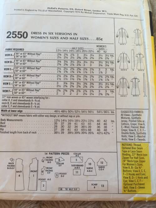 PATTERN MCCALL`S 2550 (NEAT and TIDY)(VINTAGE) - DRESS (SIZE 16.5)