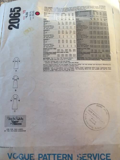 PATTERN VOGUE 2065 (COMPLETE, DIANE VON FURSTENBURG) - DRESSES (SIZE 10)