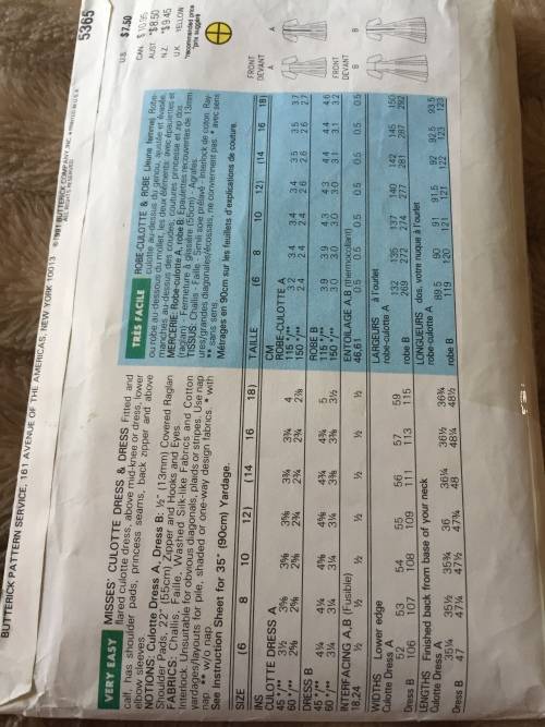 PATTERN BUTTERICK 5365 (CUT ON 12) - CULOTTE DRESS & DRESS (SIZE 6-8-10-12)