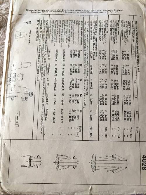 PATTERN MCCALL`S 4028 (VERY VINTAGE, UNUSED) - DRESSES OR TOPS (SIZE 12)