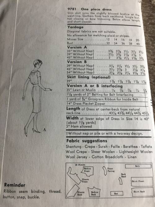 PATTERN VOGUE 9781 (VERY VINTAGE, TIDY PATTERNS) - ONE PIECE DRESS (SIZE 14)