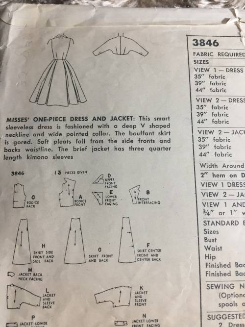 PATTERN SIMPLICITY 3846 (VERY VINTAGE, ENVELOPE OLD) - ONE-PIECE DRESS & JACKET (SIZE 14)