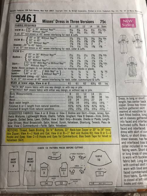 PATTERN MCCALL`S 9461*1968 (VINTAGE, TIDY PATTERNS) - DRESSES (SIZE 12-14)