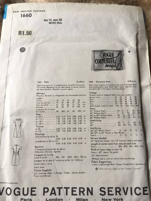 PATTERN VOGUE 1660 (VERY VINTAGE, TIDY PATTERNS) - ONE PIECE DRESS  (SIZE 14)