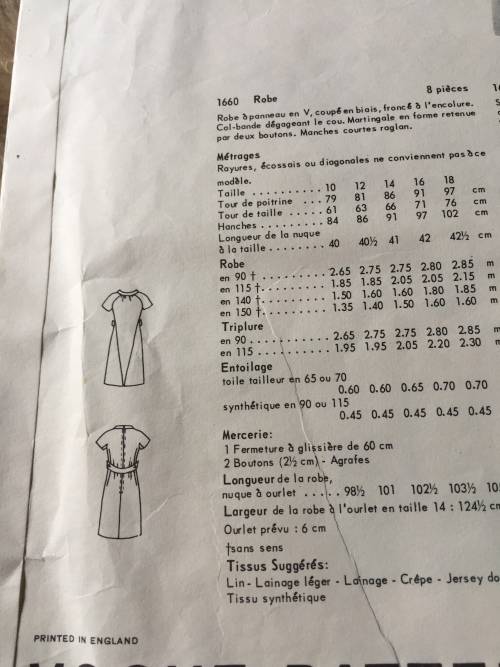 PATTERN VOGUE 1660 (VERY VINTAGE, TIDY PATTERNS) - ONE PIECE DRESS  (SIZE 14)