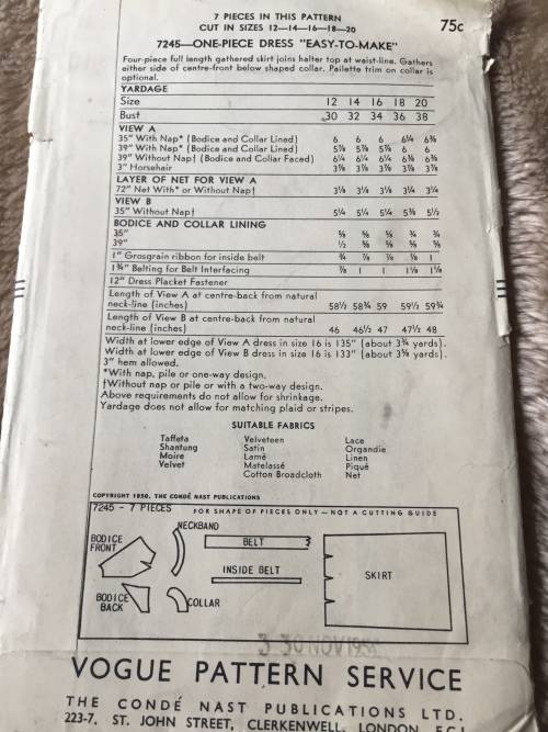 PATTERN VOGUE 7245 (VERY VINTAGE, TIDY PATTERNS) - ONE PIECE DRESS (SIZE 32)