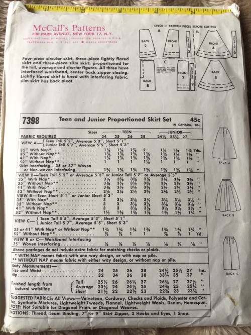 PATTERN MCCALL`S 7398 (VINTAGE, TIDY PATTERNS) - SPROPORTIONED KIRT  (SIZE WAIST 24.5/ HIP 33.5)