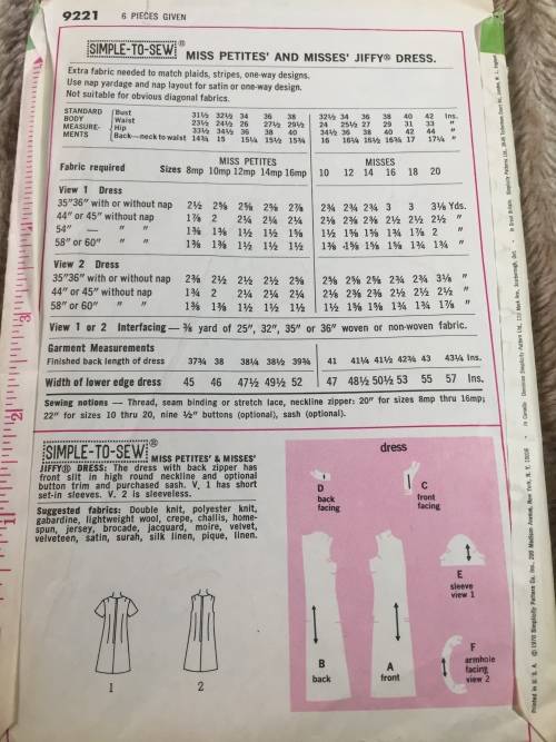 PATTERN SIMPLICITY 9221*1970 (VINTAGE, UNUSED) - DRESS (SIZE 12)
