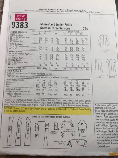 PATTERN MCCALL`S 9383*1968 (VERY VINTAGE, NEAT & TIDY PATTERN) - DRESS (SIZE 12)