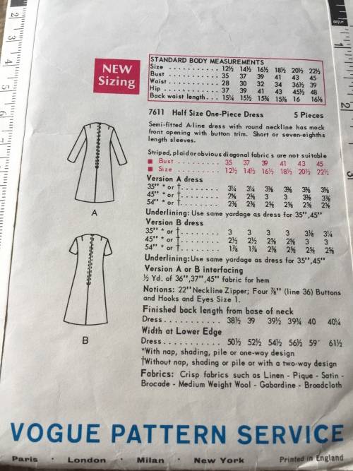 PATTERN VOGUE 7611 (VINTAGE, NEAT & TIDY) - DRESSES (SIZE 20.5)BIG SIZE