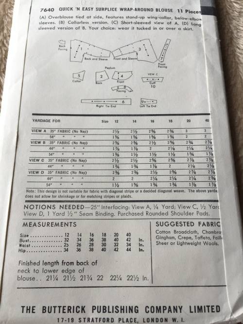 PATTERN BUTTERICK 7640 (VINTAGE, NEAT & TIDY) - WRAP-AROUND BLOUSE (SIZE 16)