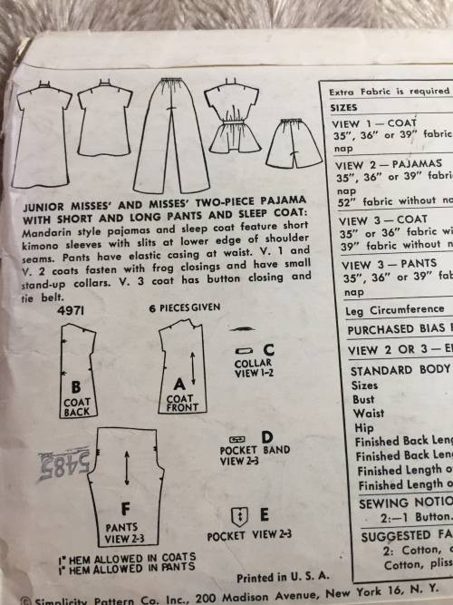 PATTERN SIMPLICITY 4971 (VERY VINTAGE, NEAT & TIDY) - PJS, LONG/SHORT PANTS,SLEEP COAT (SIZE 16)