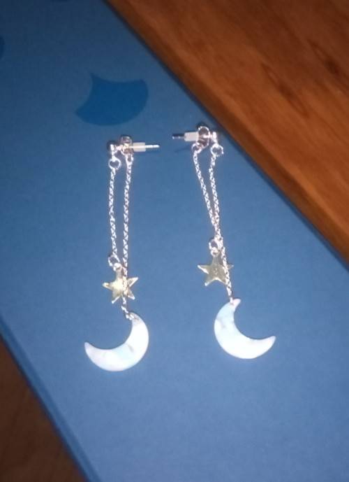 Sterling Silver Double layer Earrings with Silver Star and Stone Moon 6cm