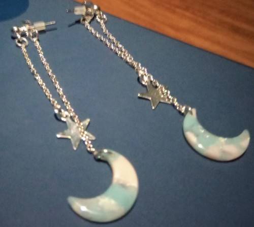 Sterling Silver Double layer Earrings with Silver Star and Stone Moon 6cm