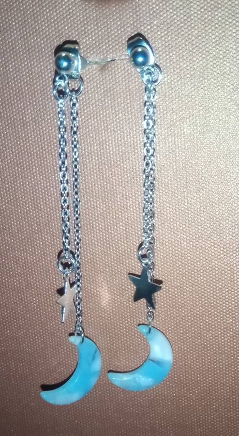 Sterling Silver Double layer Earrings with Silver Star and Stone Moon 6cm