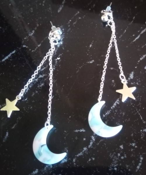 Sterling Silver Double layer Earrings with Silver Star and Stone Moon 6cm