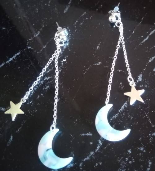 Sterling Silver Double layer Earrings with Silver Star and Stone Moon 6cm