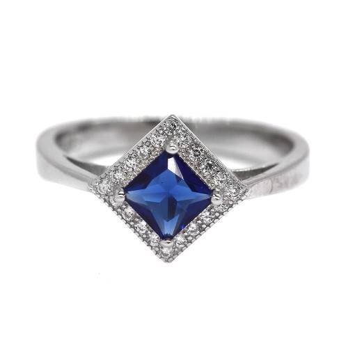 925 Silver blue diamond shaped encrusted CZ ring