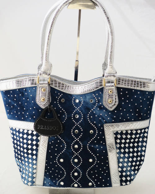 **NEW ARRIVAL** Ladies Stonewashed Diamante Denim Tote with Silver leather trim- Totally Glamourous!